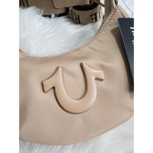 NEW True Religion Hobo Crossbody CRESCENT MOON Logo Strap Purse Bag y2k Camel - Picture 3 of 8